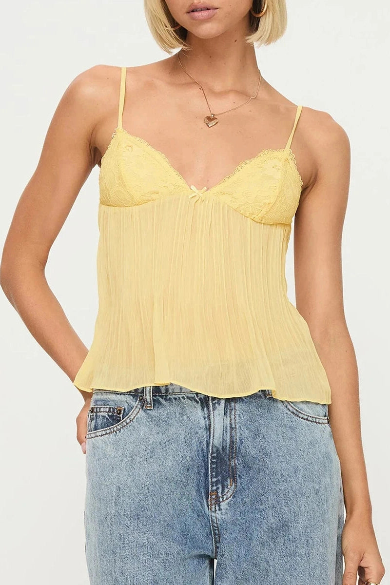 Glorol - Pleated Spaghetti Strap V-Neck Lace Top