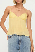 Glorol - Pleated Spaghetti Strap V-Neck Lace Top