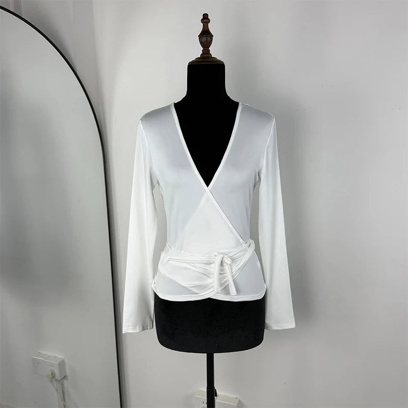 Glorol - Lace-Up Slim V-Neck Long-Sleeve Top