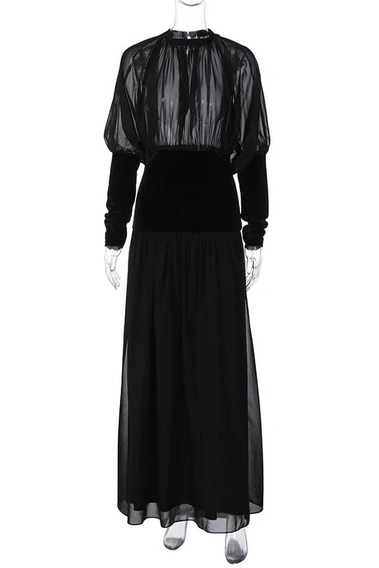 Glorol - Elegant Round Neck Long Sleeve High Waist Slim Maxi Dress