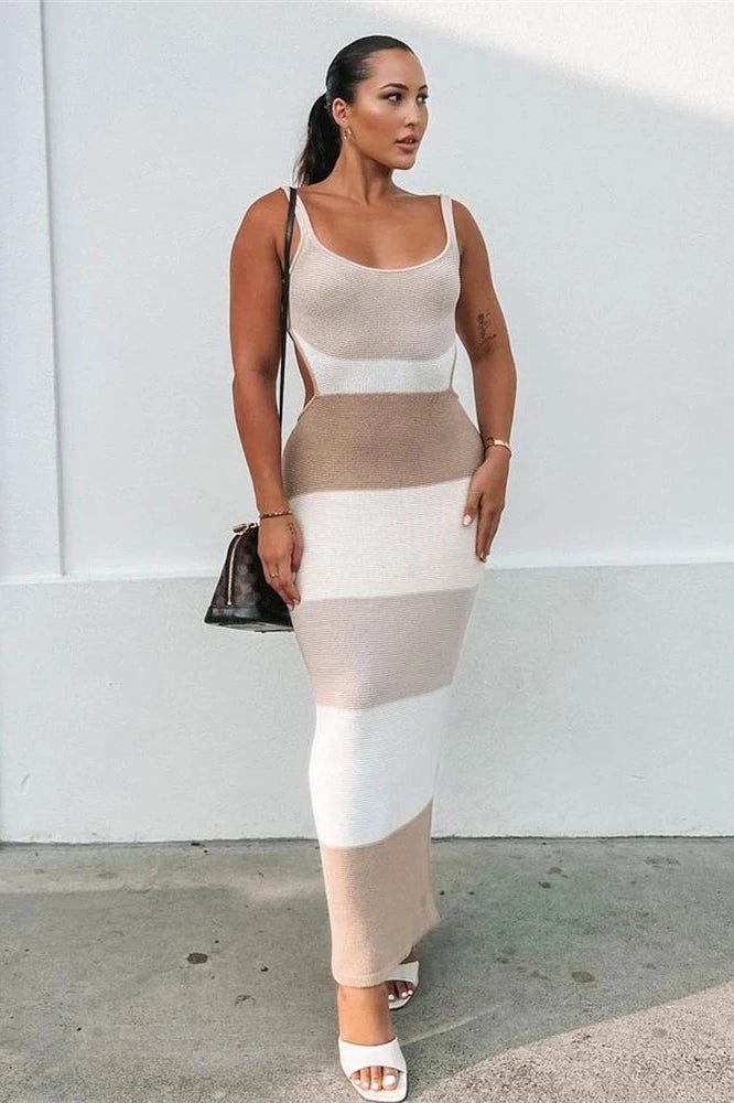 Glorol - Spaghetti Strap Knitted Backless Bodycon Maxi Dress