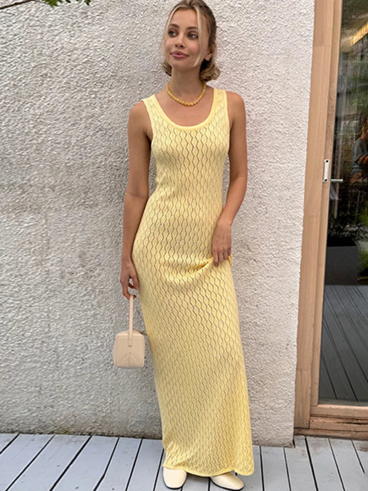 Glorol - Elegant Hollow Out Sleeveless Maxi Dress