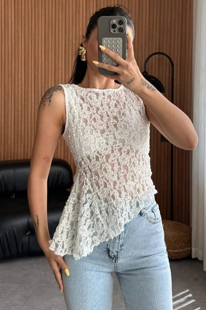 Glorol - See Through Lace O-Neck Sleeveless Irregular Top
