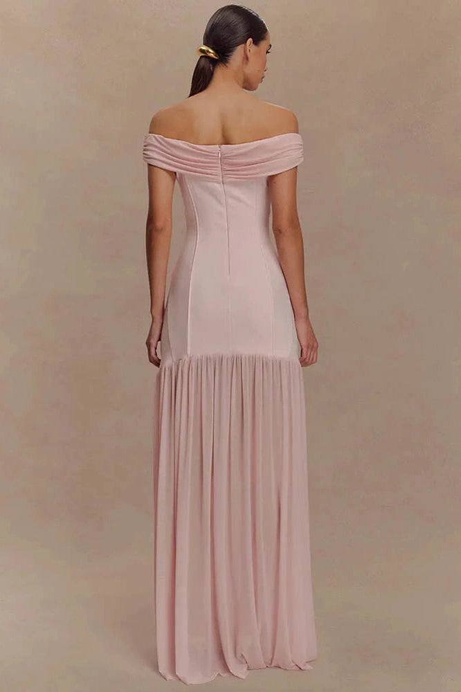 Glorol - Off-Shoulder Backless Patchwork Sleeveless Pleated Maxi Dress