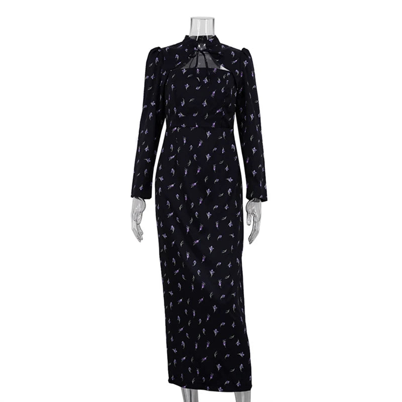 Glorol - Printed Long Sleeve Lace Up Slit Maxi Dress