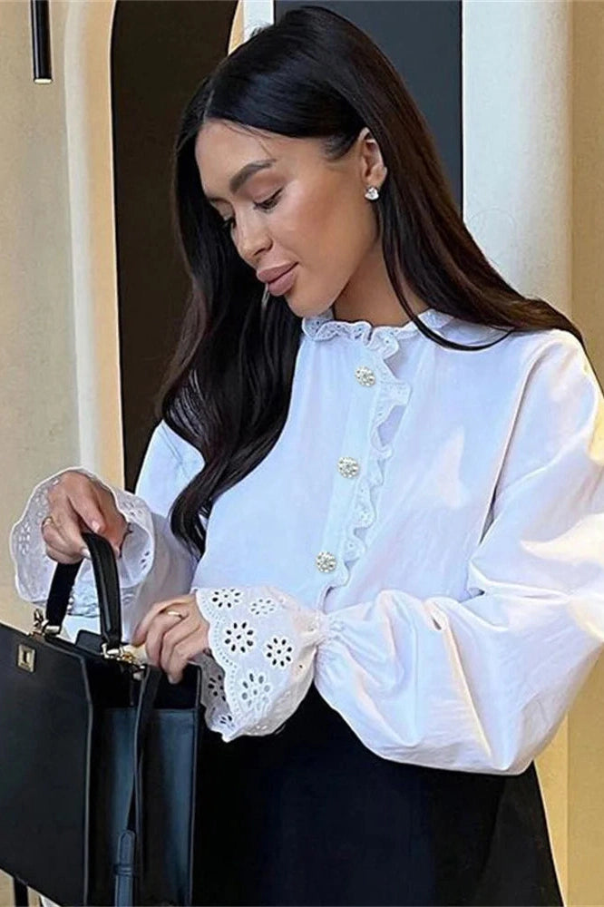 Glorol - Hollow Out Patchwork Long Sleeve Top