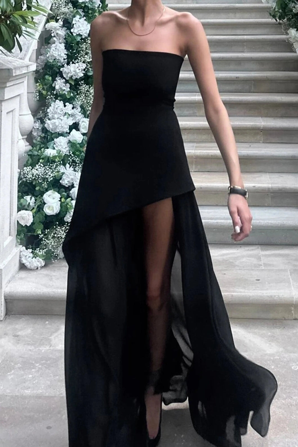 Glorol - Off-Shoulder High Split Strapless Sleeveless Maxi Dress