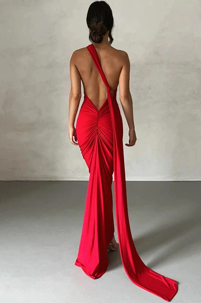 Glorol - Oblique Shoulder Sleeveless Backless Maxi Dress