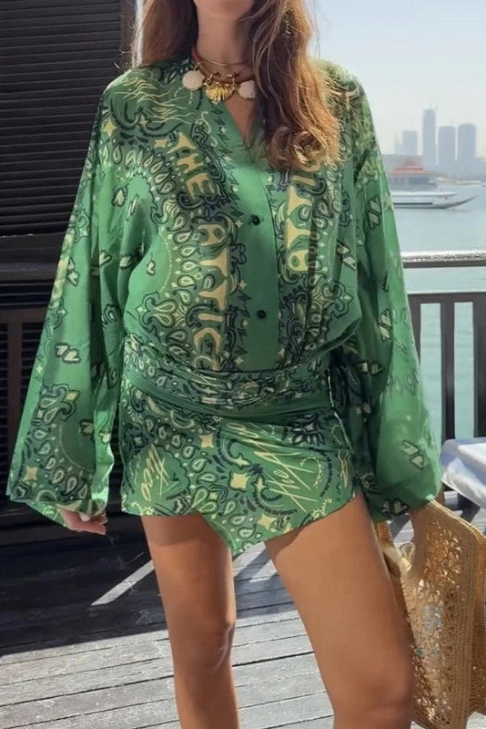 Glorol - Long Sleeve Loose V-Neck Printed Pleated Mini Dress