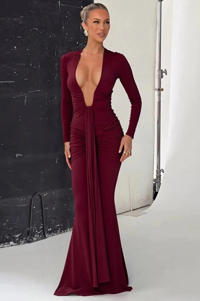 Glorol - Deep V Neck Long Sleeve Bodycon Maxi Dress