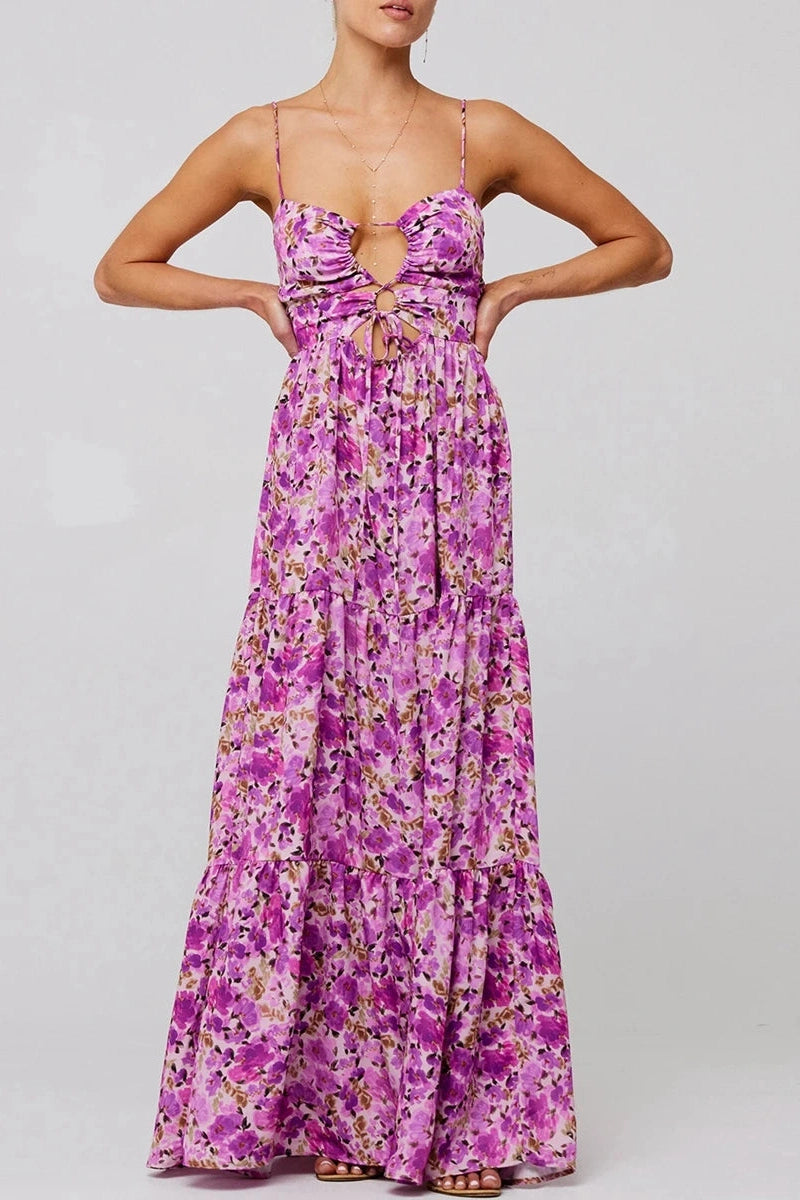 Glorol - Sleeveless Spaghetti Strap Floral Print Maxi Dress