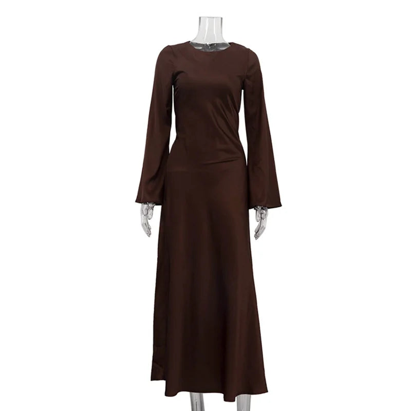 Glorol - O-Neck Lace Up Long Sleeve Maxi Dress