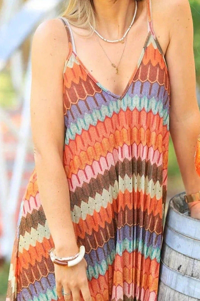 Glorol - Pleated Printed Sleeveless Loose Backless High Waist Maxi Dress