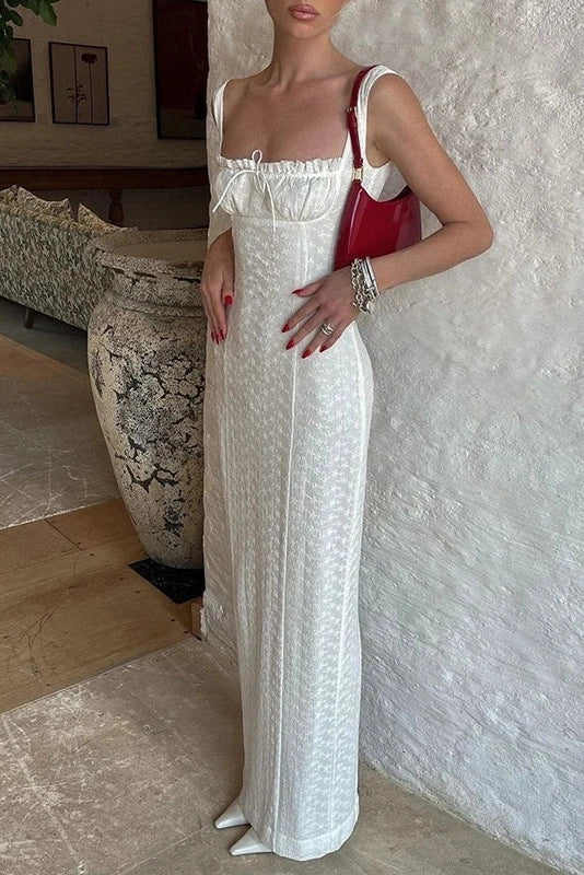 Glorol - Hollow Out Lace Sleeveless Slim High Waist Pleated Maxi Dress
