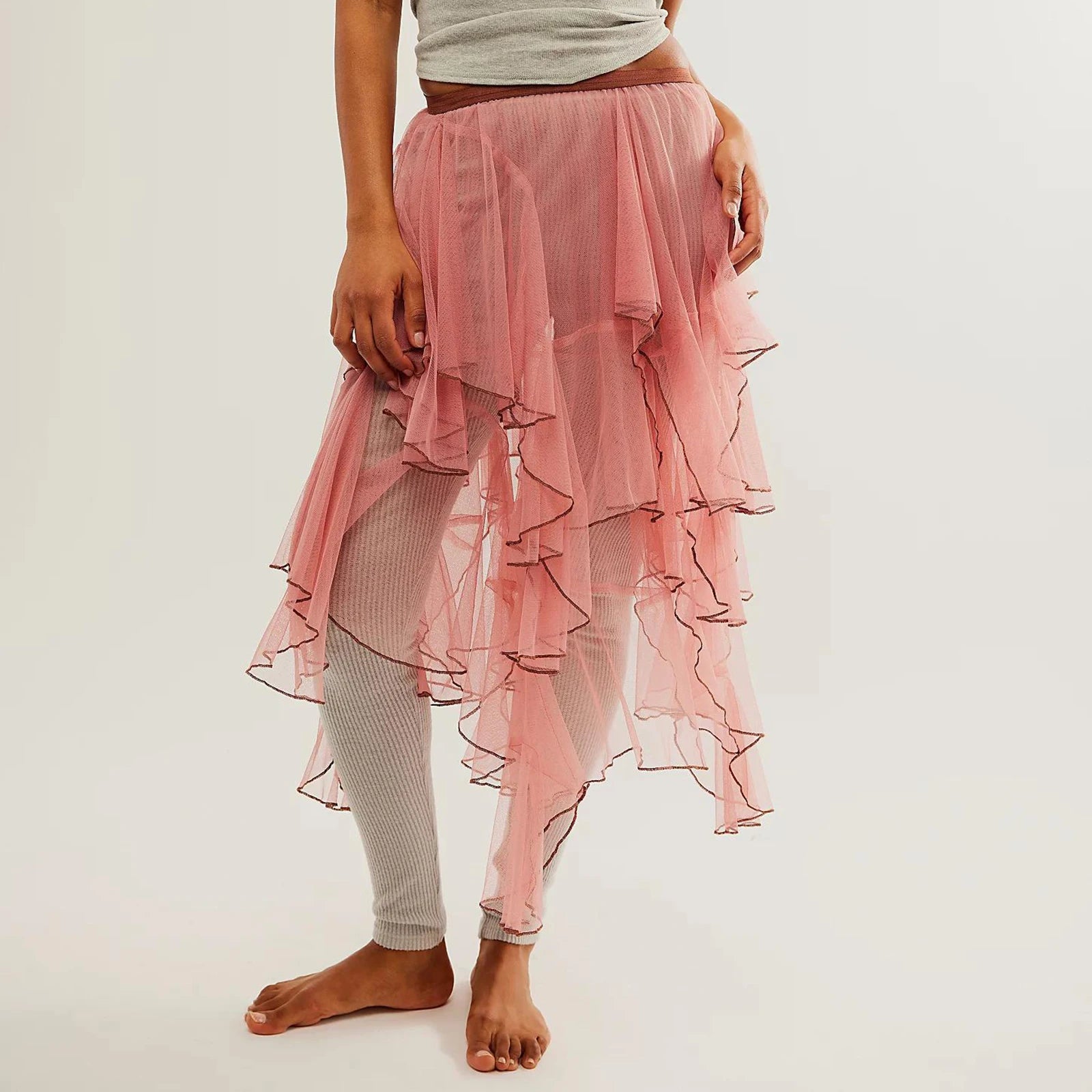 Glorol - Sheer Tulle Irregular Layered Elastic Skirt