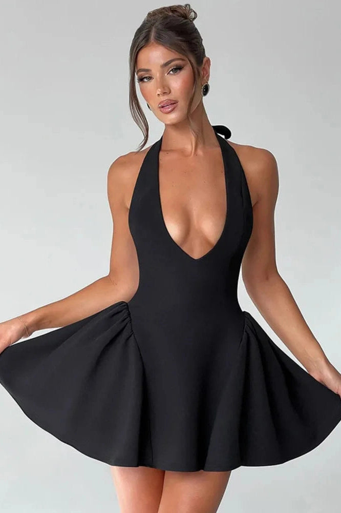 Glorol - Deep V Neck Sleeveless Backless High Waist A-line Mini Dress