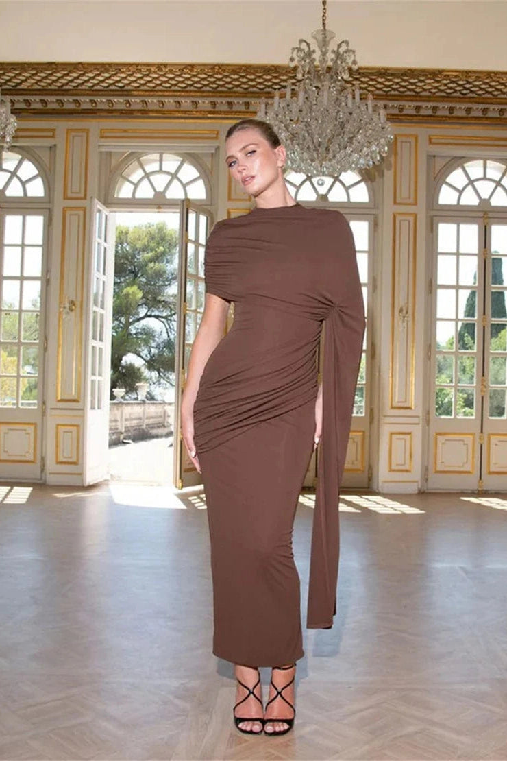 Glorol - Elegant High Collar Short Sleeve High Waist Maxi Dress