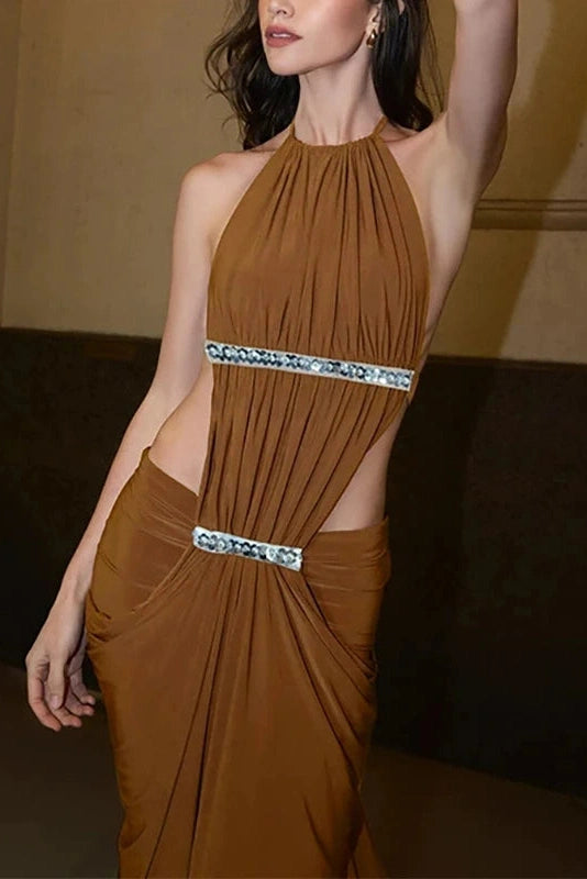 Glorol - Hollow Out Sleeveless Backless Pleated Slim Maxi Dress