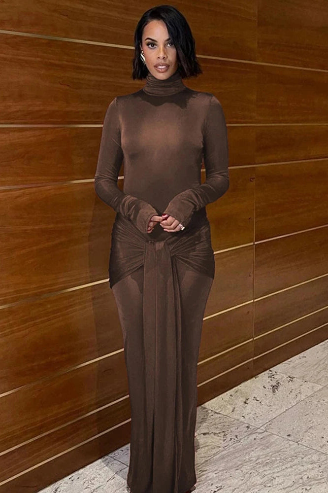 Glorol - Elegant Turtleneck Long Sleeve Bodycon Maxi Dress