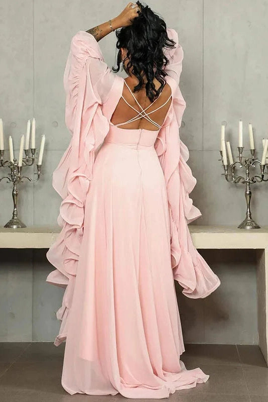 Glorol - O-Neck High Waist Backless Lace Up Long Sleeve Maxi Dress