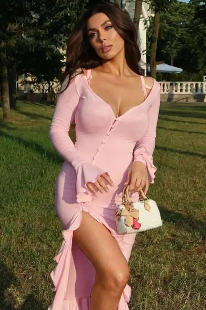 Glorol - Long Sleeve V Neck Single-Breasted High Waist Maxi Dress