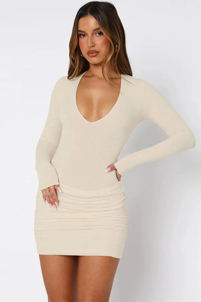 Glorol - Deep V Neck Long Sleeve High Waist Mini Dress