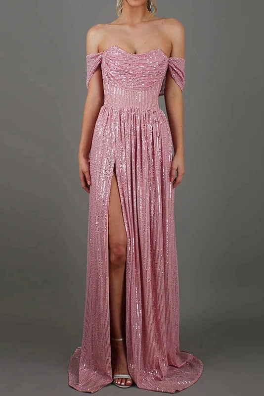 Glorol - Pleated Off Shoulder High Waist Split Maxi Dress