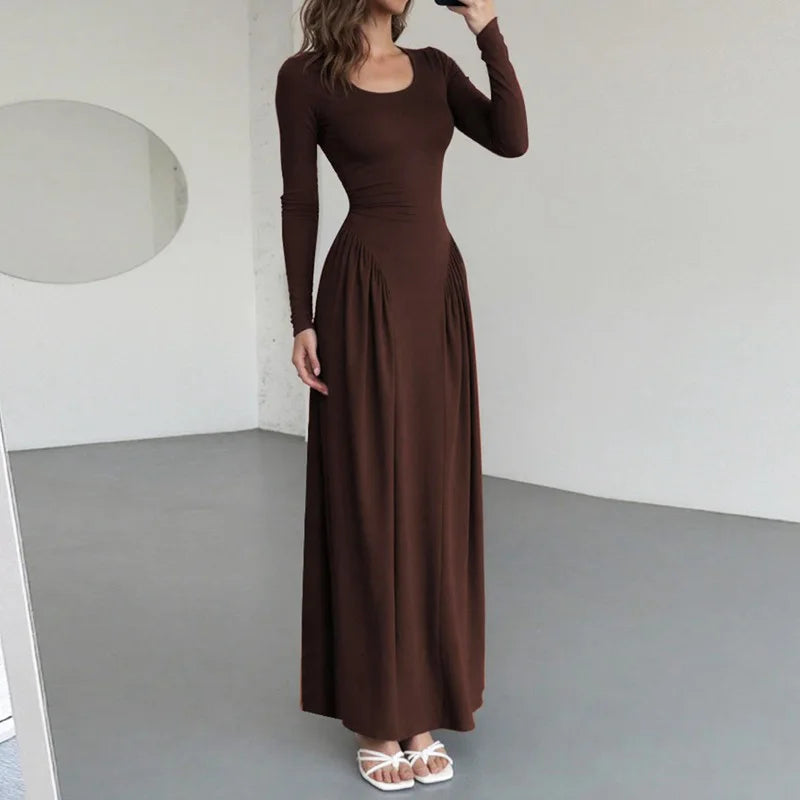Glorol - Elegant Square Neck Patchwork Long Sleeve Maxi Dress