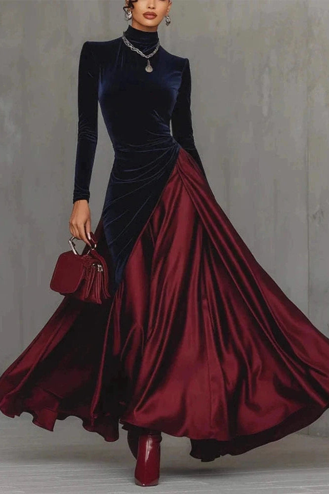Glorol - Elegant High Waist Pleated Slim Long Sleeve Maxi Dress