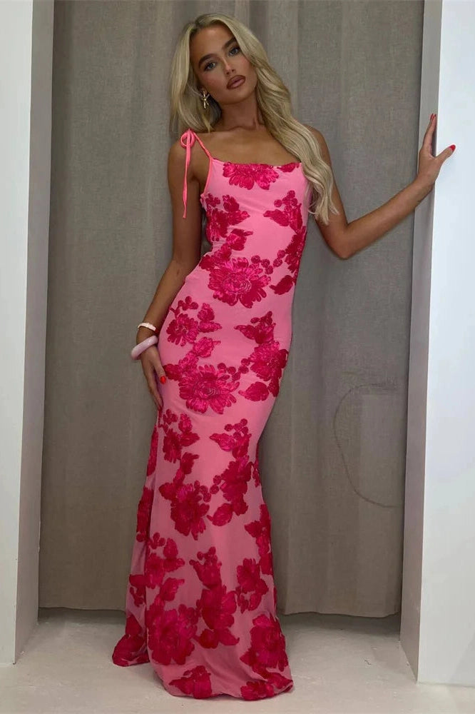 Glorol - Printed Lace-Up High Waist Patchwork Slim Maxi Dress