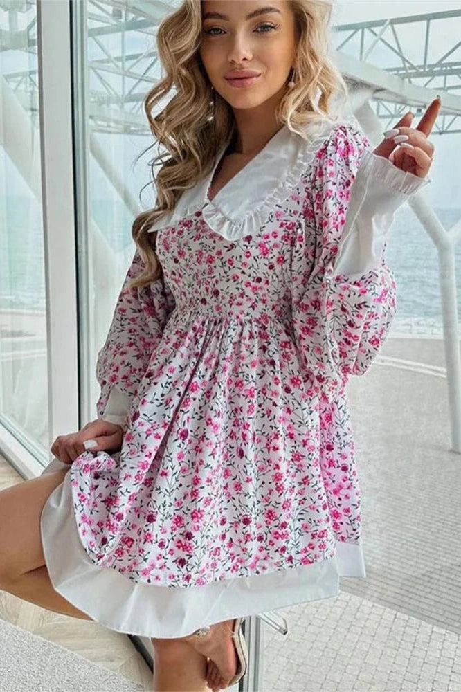 Glorol - Printed V-Neck Slim Long Sleeve Bodycon Mini Dress