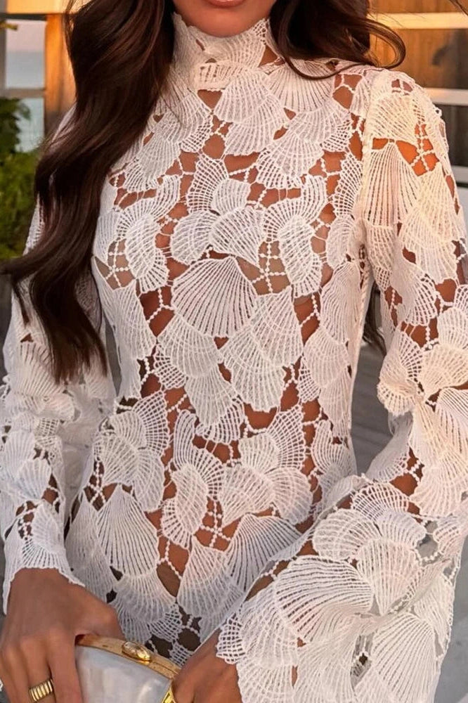 Glorol - Lace Hollow Out High Waist Turtleneck Long Sleeve Mini Dress