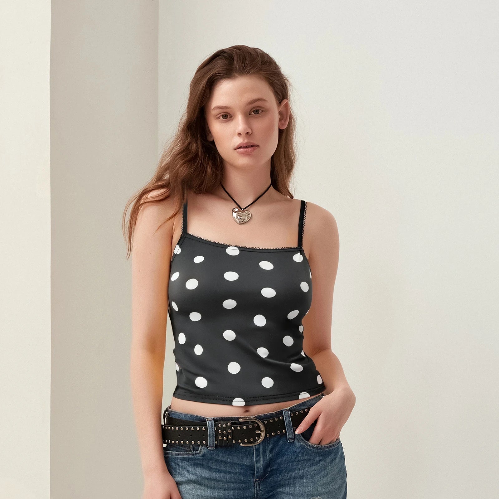 Glorol - Sleeveless Dot Print Slim Fit Top