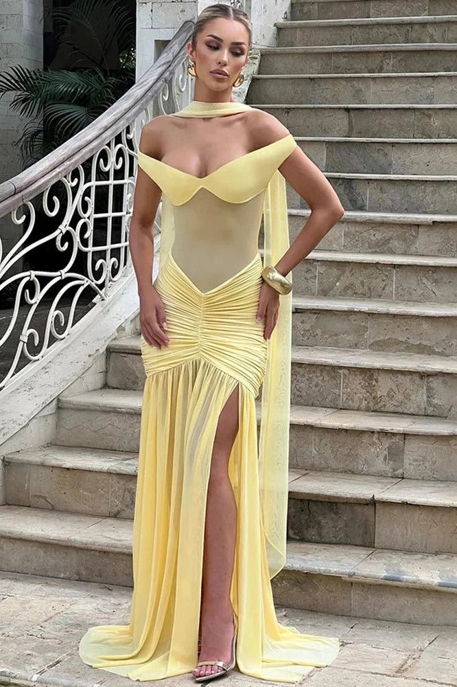Glorol - Off-Shoulder Backless Sleeveless High Split Maxi Dress