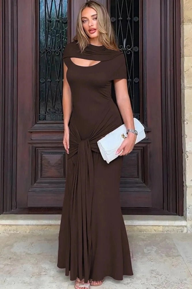 Glorol - Hollow Out Short Sleeve Turtleneck Bodycon Maxi Dress