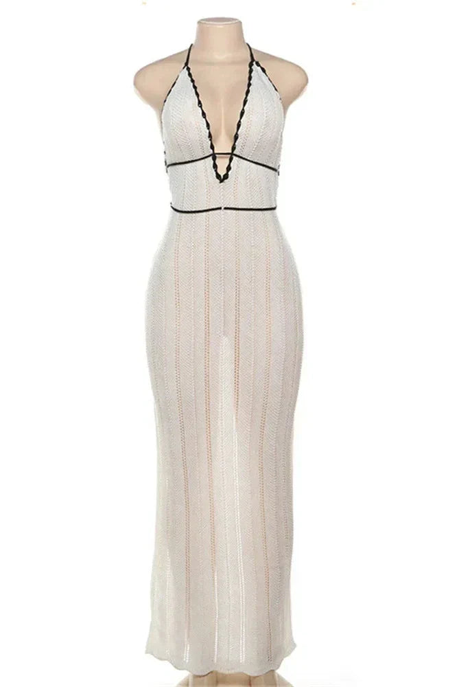 V-Neck Backless Slim Lace-Up Patchwork Maxi Dress