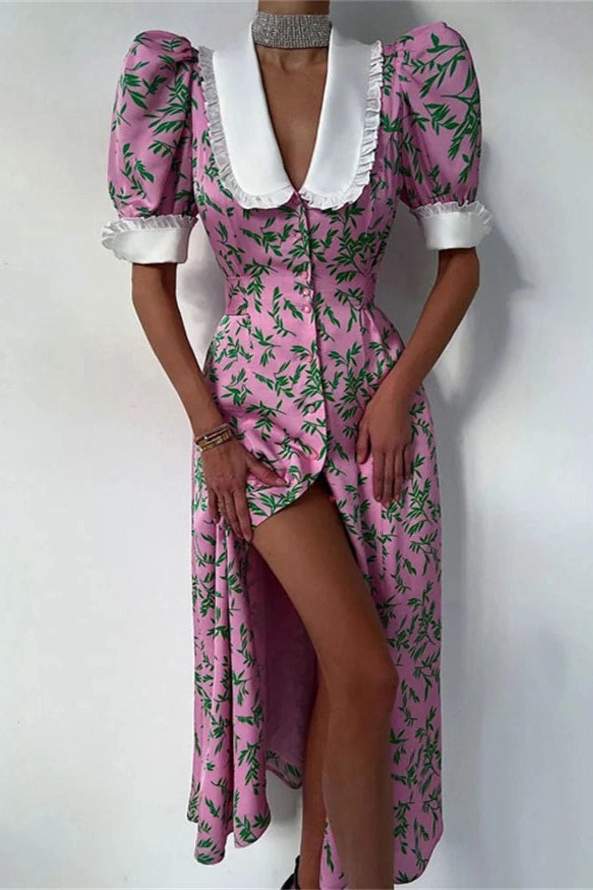 Glorol - Printed Slim Short Sleeve High Waist Midi Dress