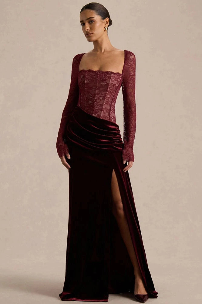 Glorol - Lace Velvet Square-Neck See Through Long Sleeve Split Maxi Dress
