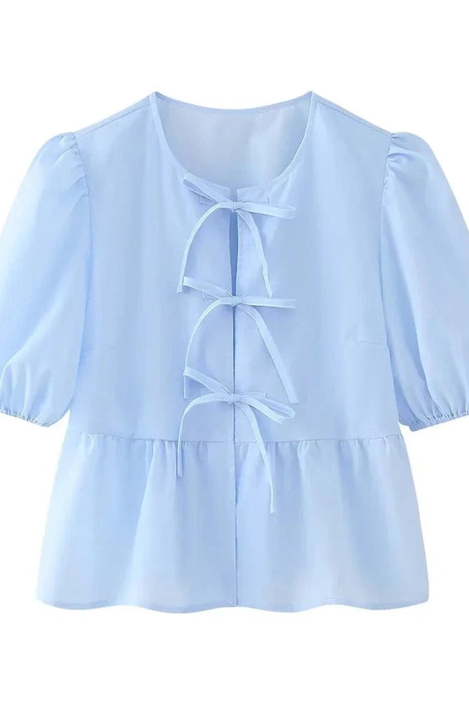 Glorol - Hollow Out Printed Short Sleeve Lace-Up Slim Top