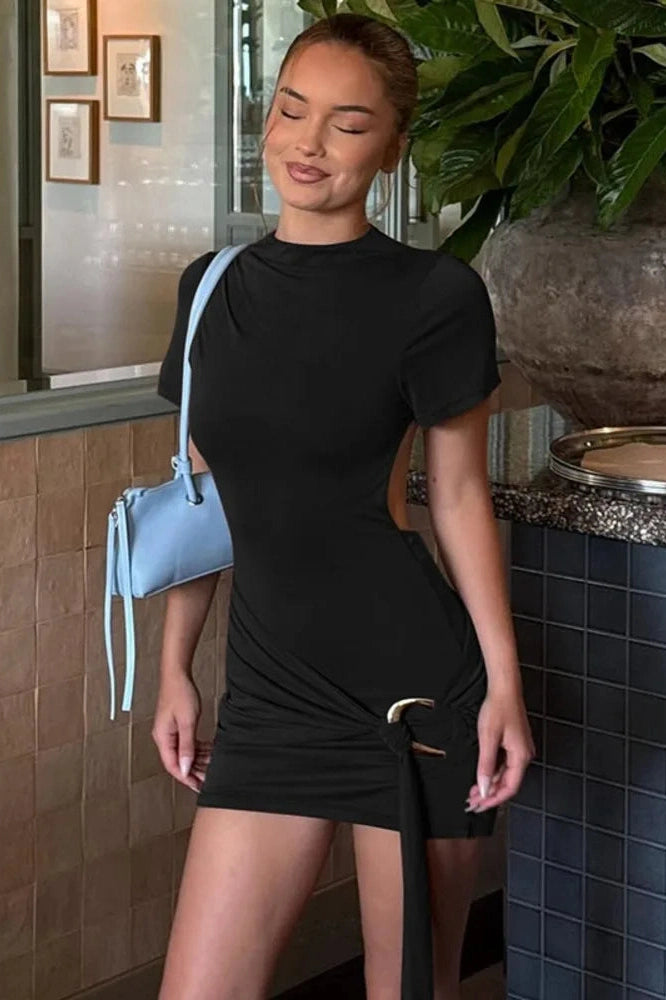 Glorol - Elegant Backless Short Sleeve Mini Dress