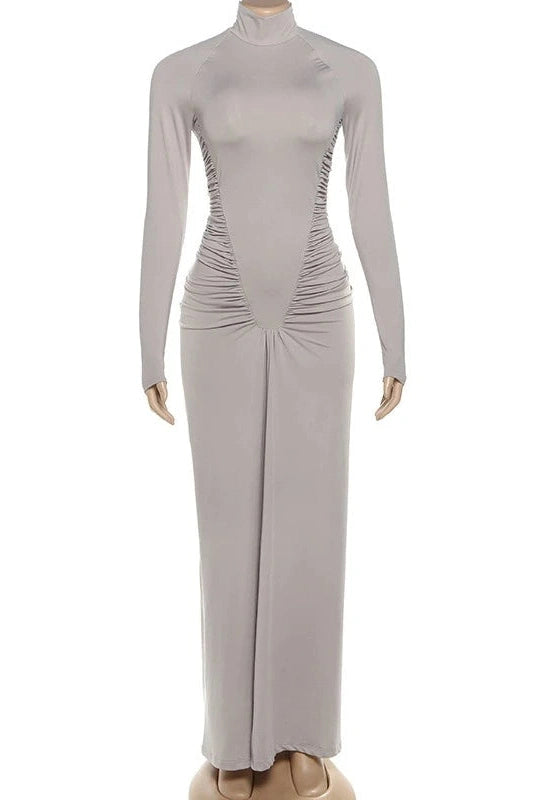 Glorol - Elegant Turtleneck Slim Long Sleeve High Waist Maxi Dress