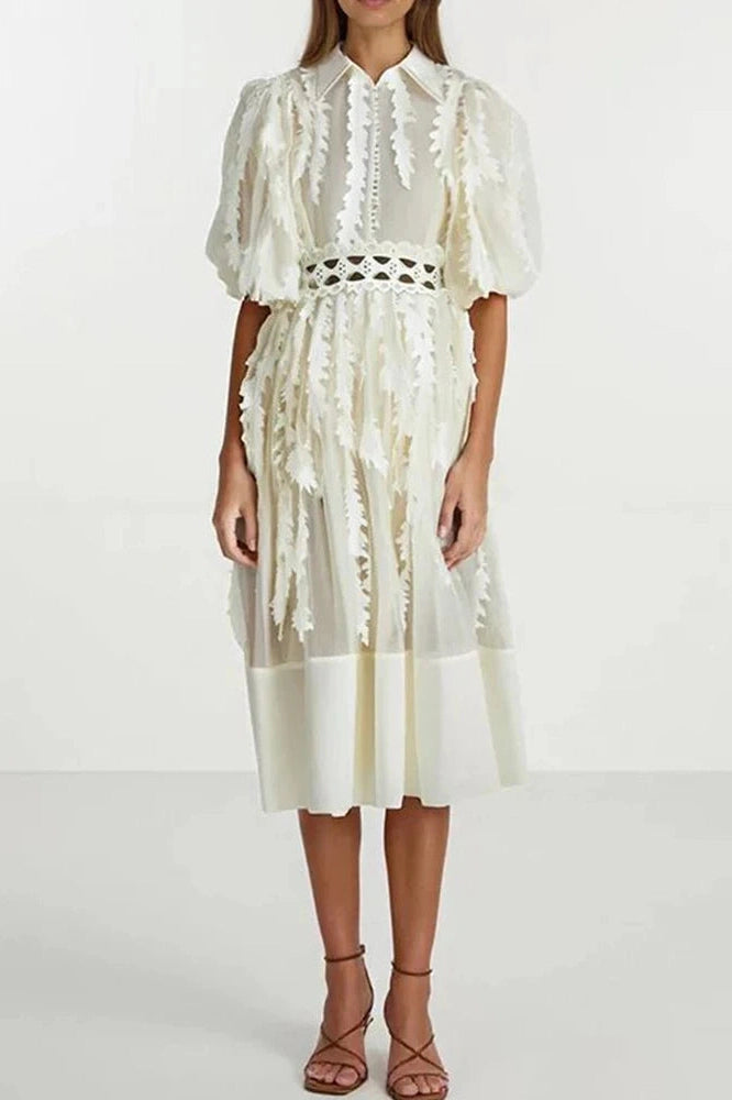 Glorol - Elegant Loose Puff Sleeve High Waist Midi Dress