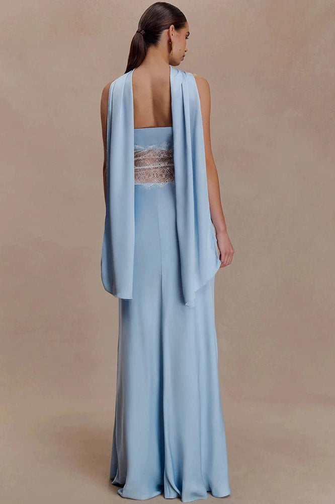 Glorol - Scarf Collar Off-Shoulder Lace Strapless Sleeveless Bodycon Maxi Dress