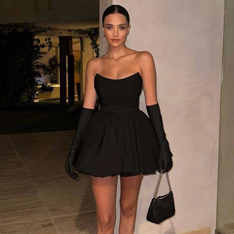 Glorol - Pleated Strapless High Waist A-Line Mini Dress