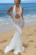 Glorol - Lace Printed Backless See-Through Patchwork Maxi Dress