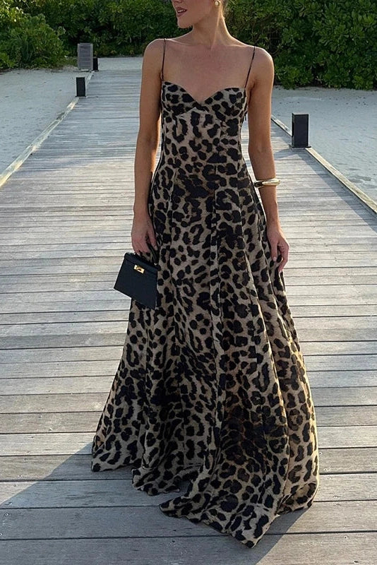 Glorol - Leopard Print High Waist Sleeveless V Neck Pleated Maxi Dress