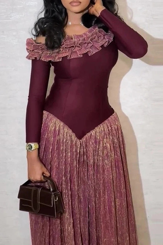 Glorol - Long Sleeve Slash Collar Slim Pleat Maxi Dress