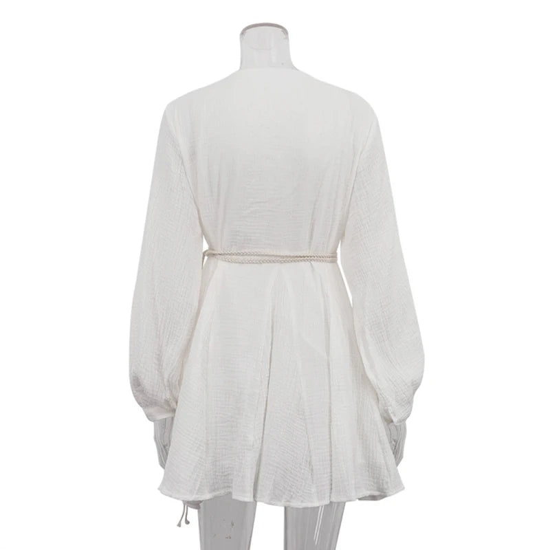 Glorol - Long Sleeve V Neck Lace Up A-Line Mini Dress