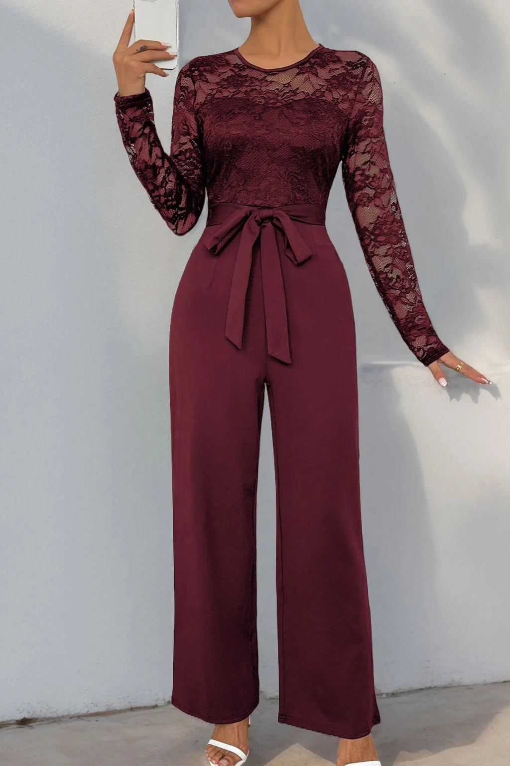 Glorol - Lace Hollow O-neck Patchwork High-waisted Jumpsuit
