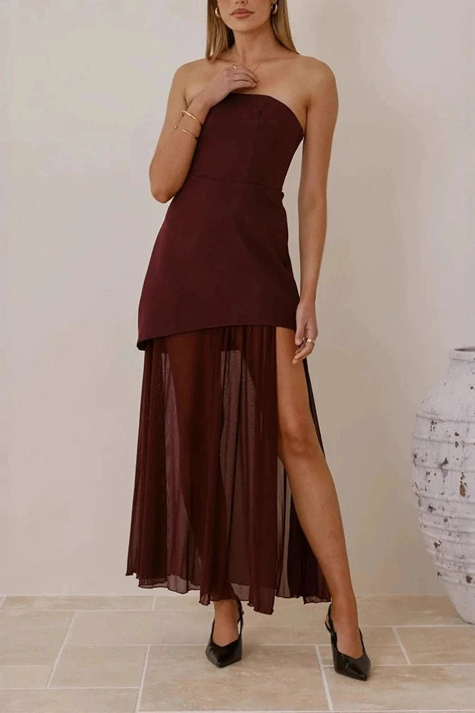 Glorol - Off Shoulder High Waist Slim Sleeveless Pleated Maxi Dress